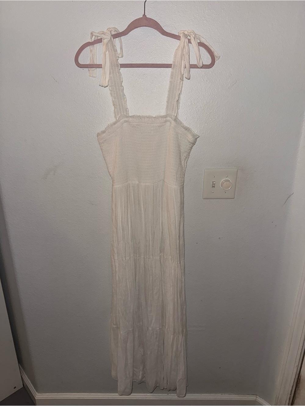 White Smocked Tie-Shoulder Maxi Dress